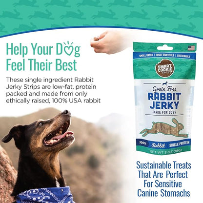 Single Ingredient Rabbit Jerky Dog Treats - Training Treat Strips for Dogs and Puppies with Allergies, Sensitive Stomachs - Dehydrated, 100% Meat, Grain Free, Made in USA - 3oz, Pack of 3