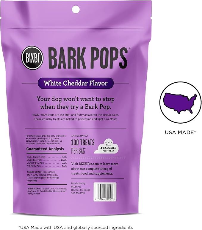 BIXBI Bark Pops, White Cheddar (4 oz, 1 Pouch) - Crunchy Small Training Treats for Dogs - Wheat Free and Low Calorie Dog Treats, Flavorful Healthy and All Natural Dog Treats