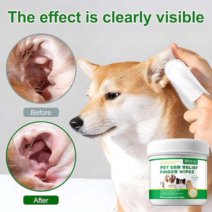 Finger Ear Wipes for Dogs 50 Counts, Ear Finger Wipes for Dogs & Cats, Dog Ear Wipes, Clean Earwax & Dirt, Soothing Odor, Pet Ear Cleaning Pads, Gently Non-Irritating