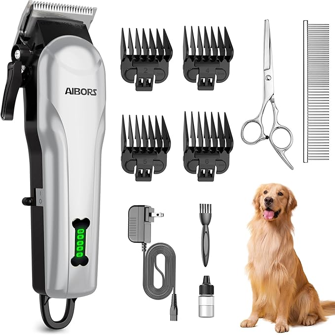 Dog Clippers for Grooming Low Noise Rechargeable Cordless Pet Hair Grooming Clippers, Professional Heavy Duty Dog Grooming Kit Dog Trimmer Shaver for Dogs Cats Pets (Silver)