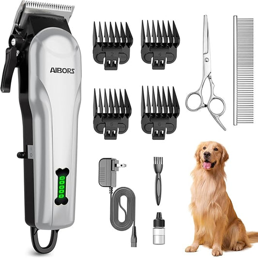 Dog Clippers for Grooming Low Noise Rechargeable Cordless Pet Hair Grooming Clippers, Professional Heavy Duty Dog Grooming Kit Dog Trimmer Shaver for Dogs Cats Pets (Silver)