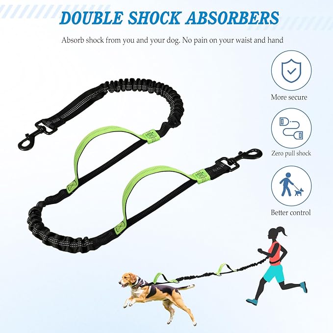 Hands Free Dog Leash with Zipper Pouch, Waist Dog Running Leash with Adjustable Waist Belt and Dual Handle, Reflective Bungee Hands Free Leash for Medium to Large Dogs (Fluorescent green)