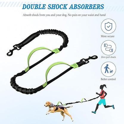 Hands Free Dog Leash with Zipper Pouch, Waist Dog Running Leash with Adjustable Waist Belt and Dual Handle, Reflective Bungee Hands Free Leash for Medium to Large Dogs (Fluorescent green)