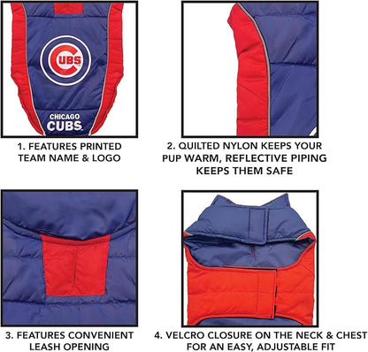 MLB Chicago Cubs Puffer Vest for Dogs & Cats, Size Small. Warm, Cozy, and Waterproof Dog Coat, for Small and Large Dogs/Cats. Best MLB Licensed PET Warming Sports Jacket