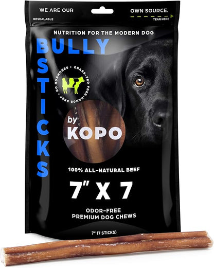 Kopo Bully Sticks 7-inch (7 Pack) - Odor Free Natural Dog Treats - 100% Beef, Fully Digestible, Long Lasting, No Hide Dog Chews