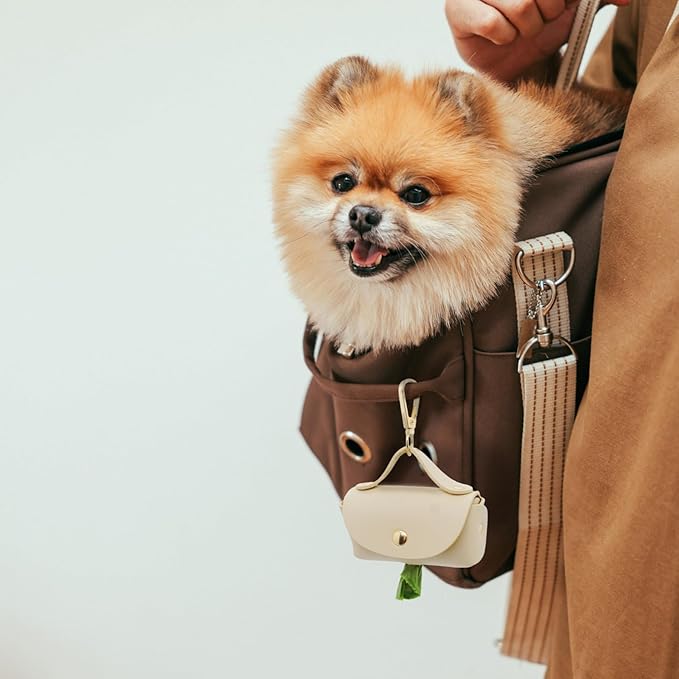 Leather Poop Bag Holder Dispenser for Leash, Portable and Reusable Dog Poop Bag Dispenser, Dog Bag Holder for Walking, Outdoor, Travelling (Beige)