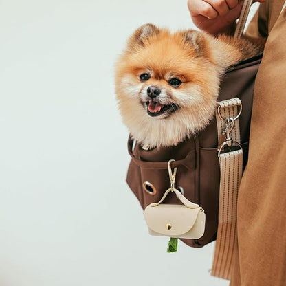Leather Poop Bag Holder Dispenser for Leash, Portable and Reusable Dog Poop Bag Dispenser, Dog Bag Holder for Walking, Outdoor, Travelling (Beige)