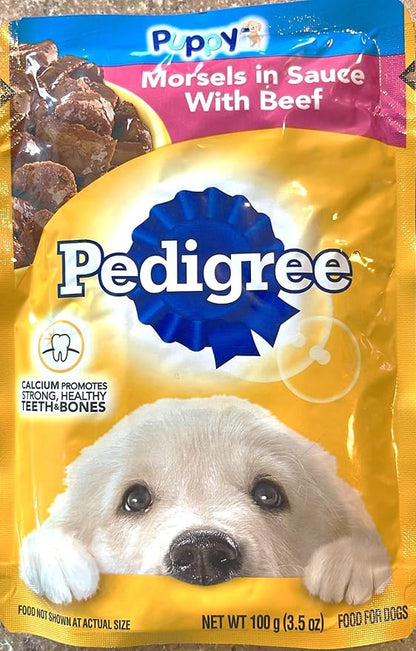 Pedigree Puppy Food Variety Bundle, 01 Bag (3.5LB) Chicken Flavor and 04 Pouches Morsels in Sauce, (02) Chicken and 02 Beef. Plus a Pet Nutrition Booklet.