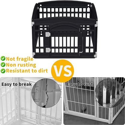 Pet Playpen with Mesh Fabric Top Cover Foldable Gate for Dogs Heavy Plastic Puppy Exercise Pen Small Pets Fence Puppies Folding Cage 4 Panels for Puppies and Small Dogs House Black (33.5x33.5 Inches)