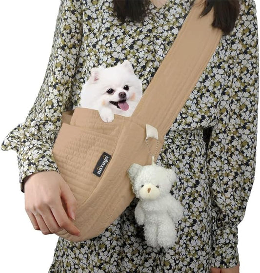 NATUYA Small Dog Carrier Sling Dog Sling Carrier for Small Dogs Puppies Cats, Big Pouch Safety Leash Pet Sling Carrier for Walking Outdoor Travel (Brown, Canvas)