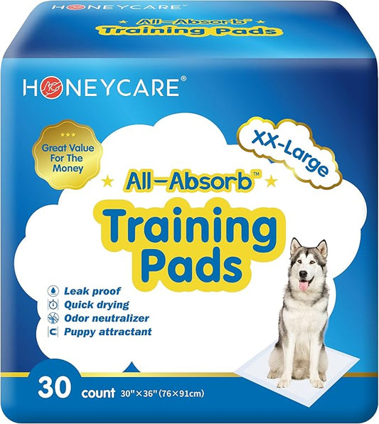 HONEY CARE All-Absorb, XXL 30"x36", 30 Count, Dog and Puppy Training Pads, Ultra Absorbent and Odor Eliminating, Leak-proof 5-Layer Potty Training Pads with Quick-dry Surface, Blue, A39