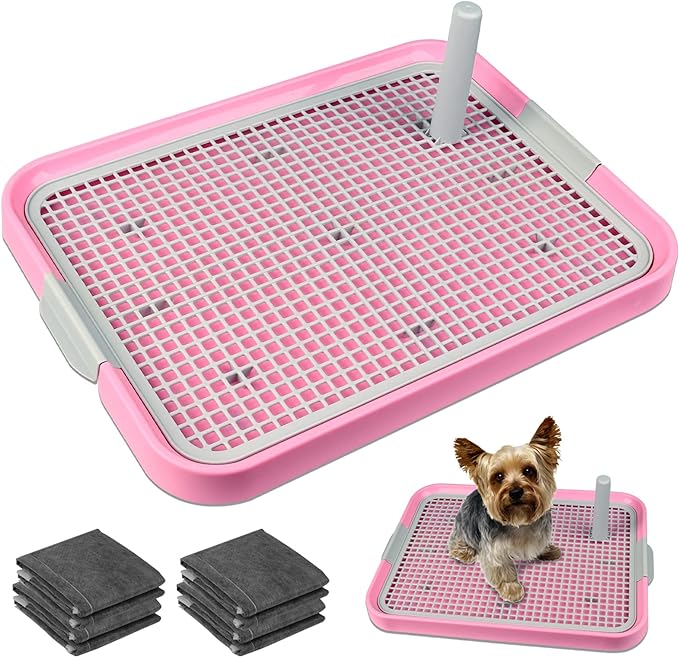 Dog Potty Tray Toilet 20"x14" Doggy Bathroom Dog Litter Box, Indoor Pee Pad Holder with 8pcs Training Pads, Puppy Pee Mesh Potty Training Tray with Secure Latch, Dog Potty Pan for Small Medium Puppies