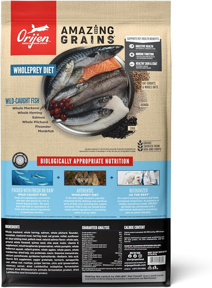 ORIJEN AMAZING GRAINS Six Fish Recipe Dry Dog Food, High Protein Dog Food, Fresh or Raw Ingredients, 22.5lb