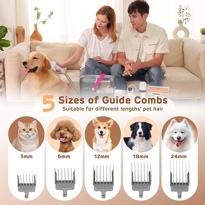 Dog Grooming Vacuum Kit, 3L Pet Grooming Vacuum with 7 Pet Grooming Tools, Dog Vacuum for Shedding Grooming at Home with Low Noise Electric Clipper and Brush, Gray