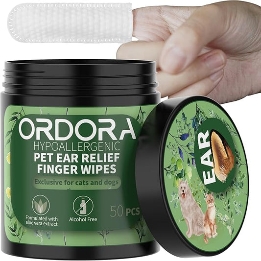 ORDORA PET Ear Finger Wipes for Dogs & Cats - Gently Remove Ear Wax, Debris - Sooths & Deodorizes - Relieve Ear Itching & Inflammation, Dog Ears Brushing Kit Dental Wipes - 50 Pcs