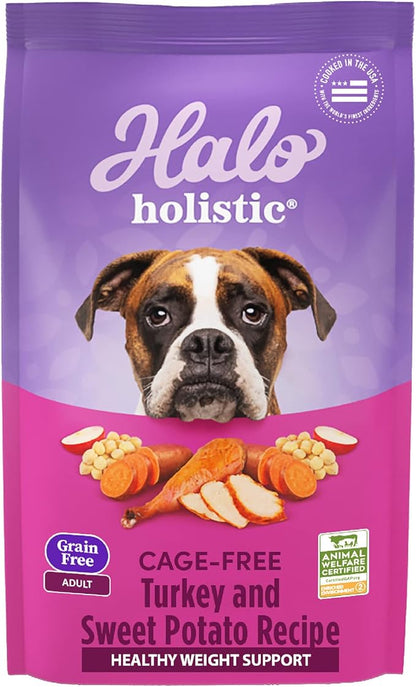 Halo Purely for Pets Holistic Dog Food, Complete Digestive Health Grain Free Cage-Free Turkey and Sweet Potato Recipe, Healthy Weight Support, Dry Dog Food Bag, Adult Formula, 10-lb Bag