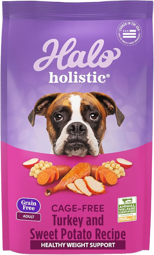 Halo Purely for Pets Holistic Dog Food, Complete Digestive Health Grain Free Cage-Free Turkey and Sweet Potato Recipe, Healthy Weight Support, Dry Dog Food Bag, Adult Formula, 10-lb Bag