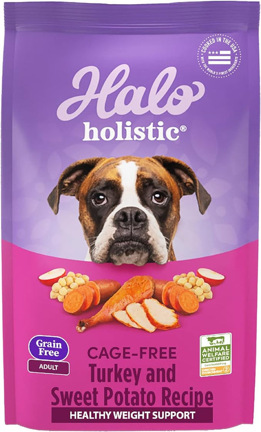 Halo Purely for Pets Holistic Dog Food, Complete Digestive Health Grain Free Cage-Free Turkey and Sweet Potato Recipe, Healthy Weight Support, Dry Dog Food Bag, Adult Formula, 3.5-lb Bag