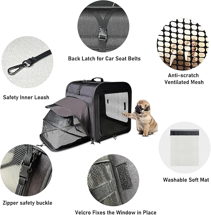 Large Cat Carrier,Cat Travel Carrier with Litter Box,Double Cat Carrier for 2 Cats and Medium Dog,Portable 2-in-1 Dog Compartment Travel Crate House with Foldable Bowl/Mats/Tent Stakes