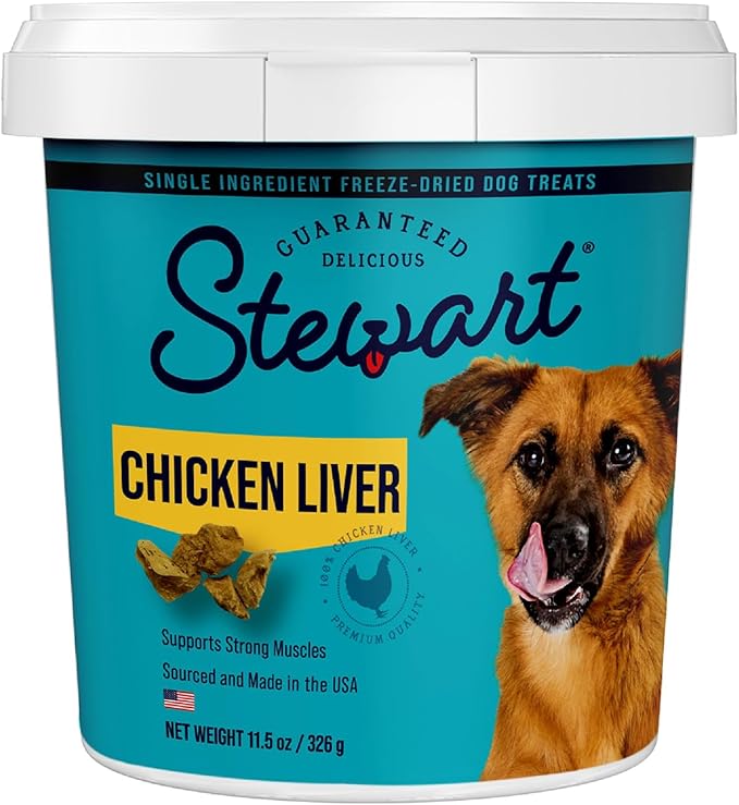 Stewart Freeze Dried Dog Treats, Chicken Liver, 11.5 oz, Grain Free & Gluten Free, Resealable Tub, Single Ingredient, training treat in Beef Liver, Salmon, Chicken Liver & Chicken Breast 4, 14, 21 oz