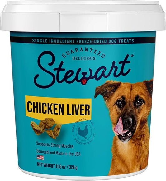 Stewart Freeze Dried Dog Treats, Chicken Liver, 11.5 oz, Grain Free & Gluten Free, Resealable Tub, Single Ingredient, training treat in Beef Liver, Salmon, Chicken Liver & Chicken Breast 4, 14, 21 oz