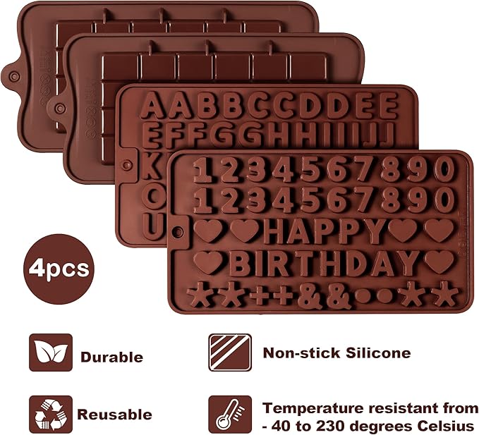 4Pcs Chocolate Gummy Number Molds, Break-Apart Chocolate Molds and Letter and Number Silicone Candy Mold for Birthday Cake Decorating