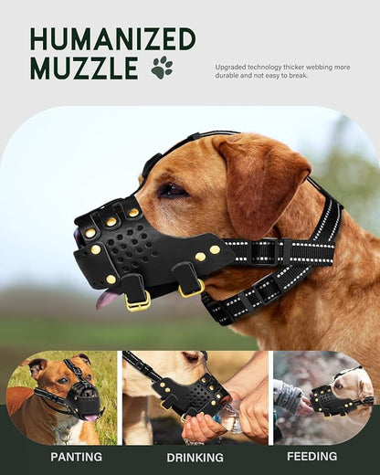 Dog Muzzle, Anti-Escape Leather Basket Muzzle for Medium and Large Dogs, Pitbull Dog Muzzle Leather Amstaff Muzzles Staffordshire Terrier Secure Basket, Prevents Biting, Barking and Chewing(Black,XL)