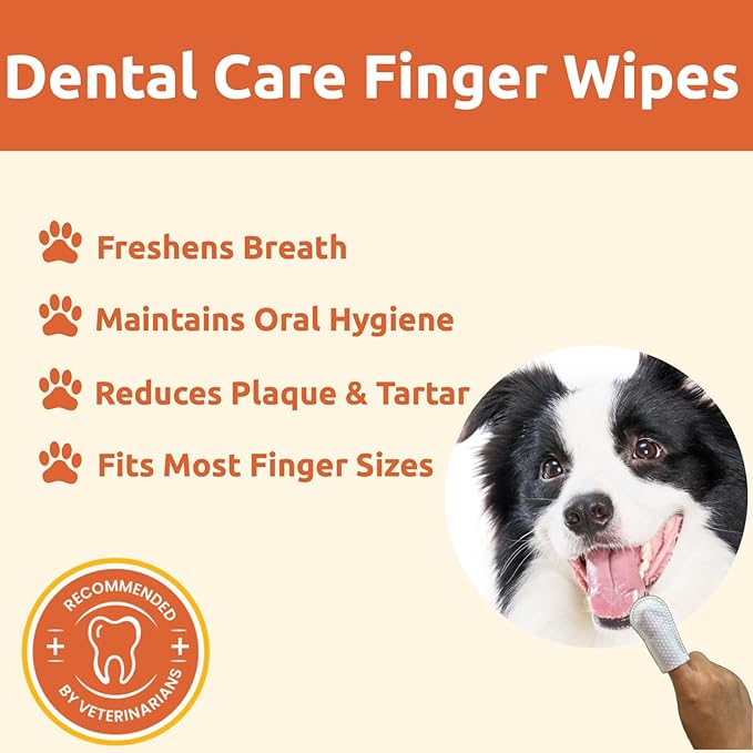 Dental Care Finger Wipes - Dog Tooth Brushing Kit Dental Wipes - Dog Teeth Cleaning Finger Wipes - Reduces Plaque & Freshens Breath for Dogs and Cats - 40 Count