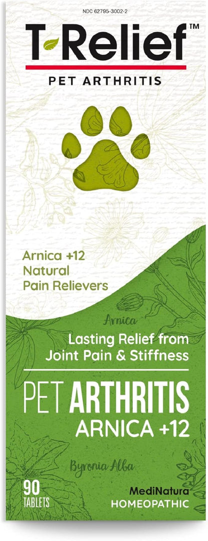 MediNatura T-Relief Pet Arthritis Relief Arnica +12 Powerful Natural Homeopathic Medicines Help Ease Hip & Joint Pain Soreness & Stiffness for Dog & Cat - 90 Tablets