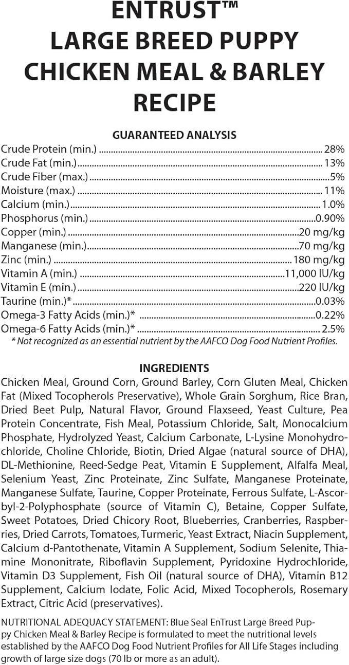 ENTRUST Large Breed Puppy Food | Real Chicken & Barley | Enriched with Super Foods, Antioxidants and Prebiotics | No Wheat or Soy | 40 Pound Bag
