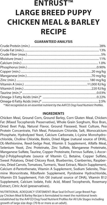 ENTRUST Large Breed Puppy Food | Real Chicken & Barley | Enriched with Super Foods, Antioxidants and Prebiotics | No Wheat or Soy | 40 Pound Bag