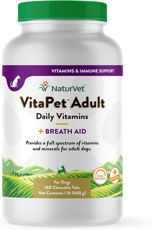 NaturVet - VitaPet Adult Daily Vitamins for Dogs - Plus Breath Aid - Provides a Full Spectrum of Vitamins & Minerals - Enhanced with Omega-6 Fatty Acids (180 Time Release Chewable Tablet