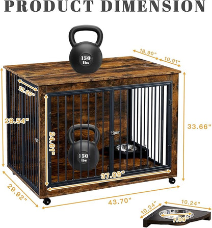 44 Inch Large Wooden Dog Crate Furniture with 180° Rotatable Bowl, Brown Multi-Functional Dog Crate End Table with Wheels, Furniture Dog Crate for Large Dogs with Flip-up Top Opening