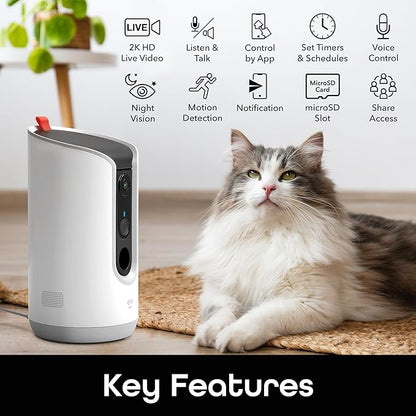 Geeni Pet Treat Dispenser with Camera - 2K HD WiFi Enabled, Dog and Cat Automatic Smart Feeder, Two-Way Audio, Night Vision, Auto-Follow, Remote Access with App, Alexa and Google Compatible, White