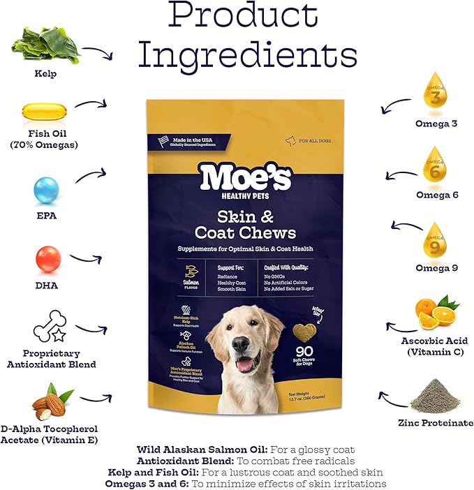 Moe’s Skin & Coat Omega 3, 6, 9 and Vitamin Supplement for Dogs- Supports Dryness, Itch Relief, & Thick, Shiny Coats- Premium Wild Alaskan Salmon Oil- For All Ages and Breeds- 90 Salmon Flavored Chews