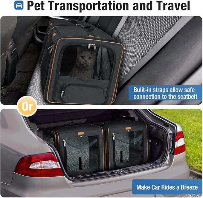 Lekereise 2-in-1 Cat,Dog Carrier for Small Medium Large Pets up to 45 Lbs, (20.85"*2)*19.7"*19.7" Car Travel Carrier with Litter Box, Bowl, and Locking Zipper - Black