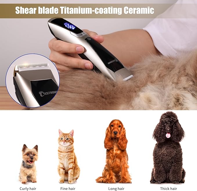 BESTBOMG Professional Dog Grooming Clippers for Thick Heavy Coats,3-Speed Low Noise High Power Rechargeable LED Display Cordless Pet Shaver with Waterproof Dog Shaver for Small & Large Dogs Cats