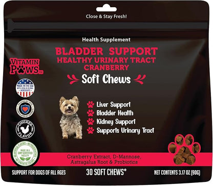 Cranberry Supplement for Dogs | Urinary Tract and UTI Support Chews | Incontinence and Bladder Control Nutritional Bites with D Mannose, Marshmallow Root, Probiotics, for Liver, Kidney