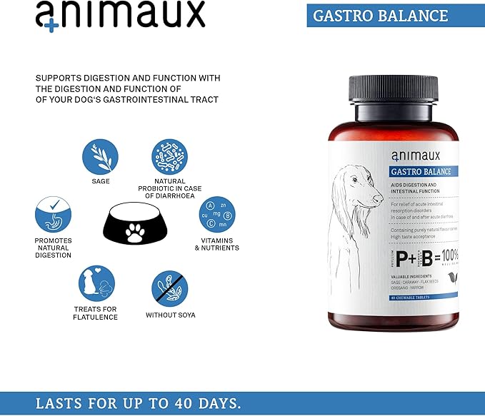 animaux – Gastro Balance for Dogs, Digestive Health Support and Probiotics, Brewer’s Yeast, Fennel, Helps to Relieve Diarrhea, Excess Winds, Irritable Bowel, 40 Chewable Tablets, 40 days supply