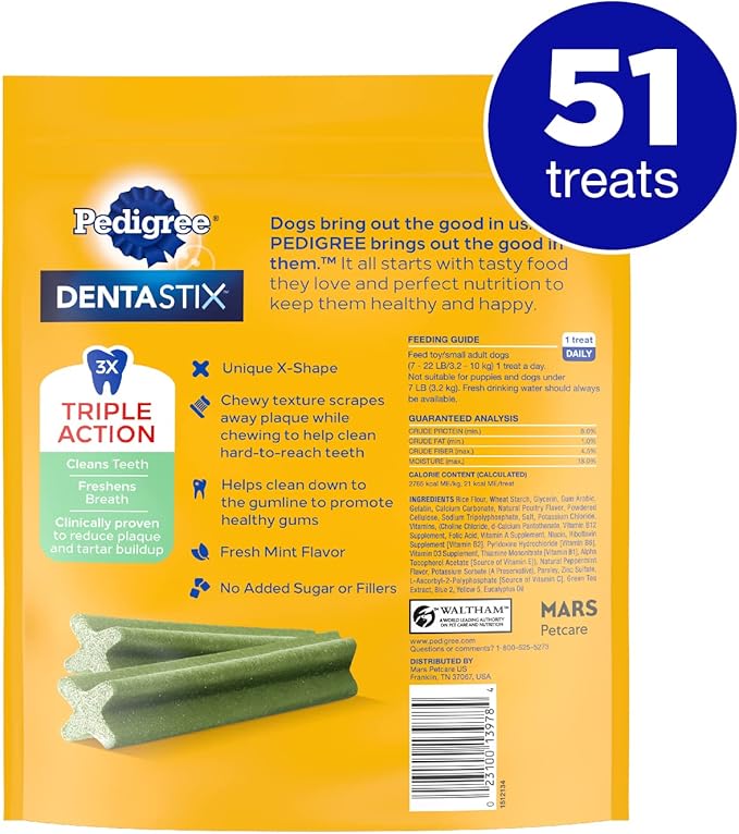 PEDIGREE DENTASTIX Dental Dog Treats for Toy/Small Dogs Fresh Flavor Dental Bones, 12.66 oz. Pack (51 Treats)