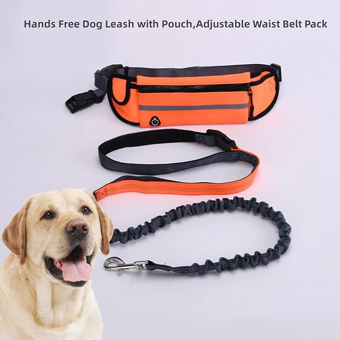 Hands Free Dog Leash with Pouch,Adjustable Waist Belt Fanny Pack Dual-Handle Reflective Bungee Leash for Medium to Large Dogs for Running Walking Training Jogging,Blue
