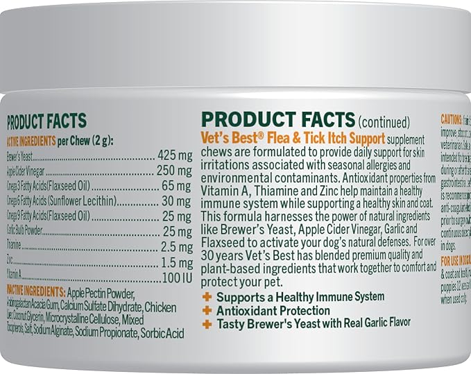Vet’s Best Flea & Tick Support Soft Chews – Itch Support – Supplement Chews for Dogs – Soothes Skin Irritations Due to Seasonal Allergies, Fleas & Ticks – 60 Chews