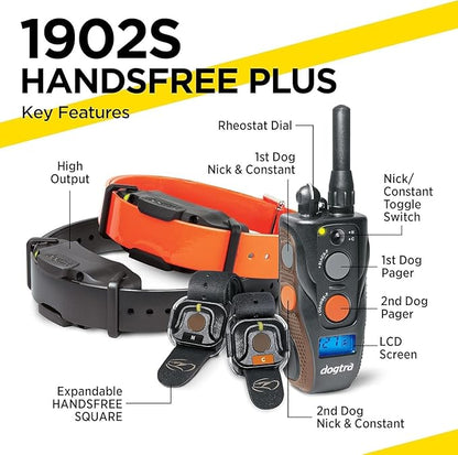 Dogtra 1902S HANDSFREE PLUS Boost and Lock, Remote Dog Training E-Collar, HANDSFREE SQUARE, 3/4-Mile Range, Rechargeable, Waterproof, High-Output, 2 Dog System, eCollar for Medium, Large Dogs