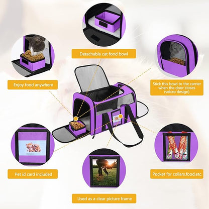 Cat Carrier, Dog Carrier, Pet Carrier Airline Approved for Cat, Small Dogs, Kitten, Cat Carriers for Small Medium Cats Under 15lb, Collapsible Soft Sided TSA Approved Cat Travel Carrier-Purple