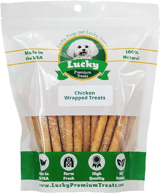 Lucky Premium Treats Chicken Wrapped Dog Treats – USA Made Raw Hide Sticks for Small & Toy Size Dogs – Long Lasting, Preservative Free Dog Treats - Chicken Wrapped Rawhide Sticks for Dogs – 120 Chews