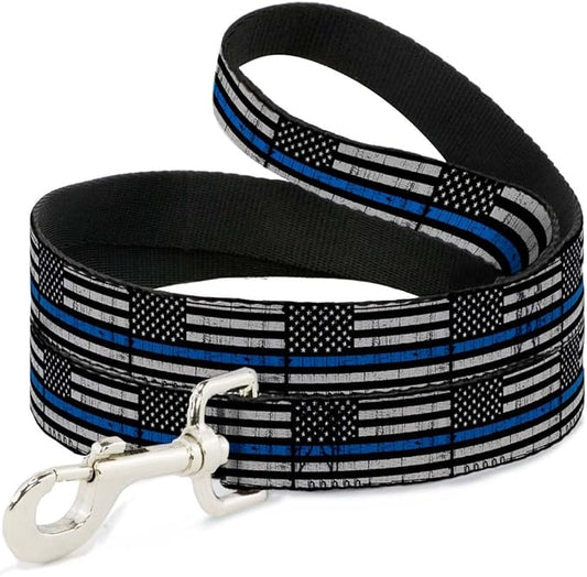 Dog Leash Thin Blue Line Flag Weathered Black Gray Blue 6 Feet Long 1.0 Inch Wide