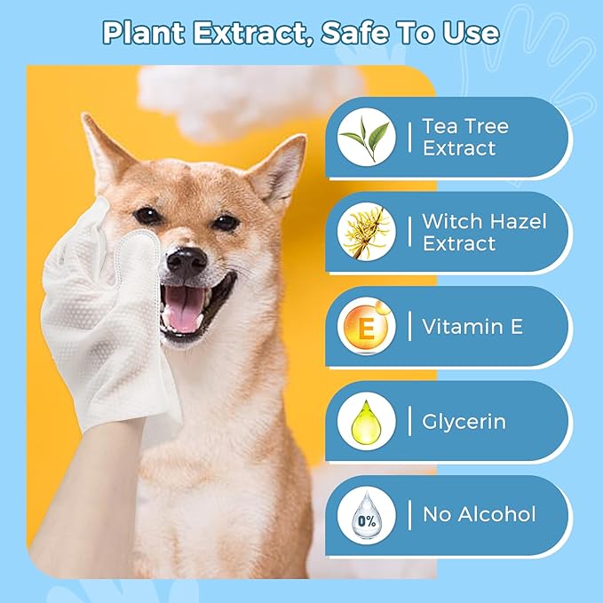 Pet Bathing Wipes for Dogs & Cats, Cleaning & Deodorizing Grooming Gloves, Nourish Fur Glove Wipes for Daily Care and Traveling, Rinse Free，4 Pack, 24 PCS
