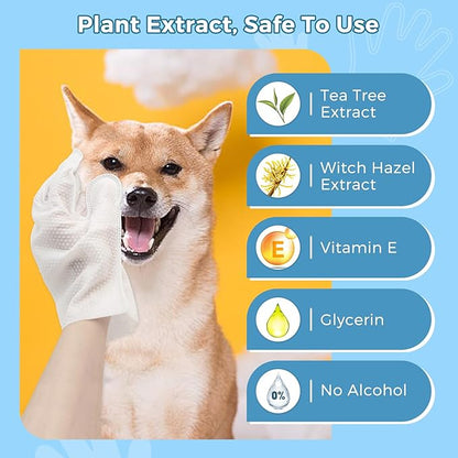 Pet Bathing Wipes for Dogs & Cats, Cleaning & Deodorizing Grooming Gloves, Nourish Fur Glove Wipes for Daily Care and Traveling, Rinse Free，2 Pack, 12 PCS