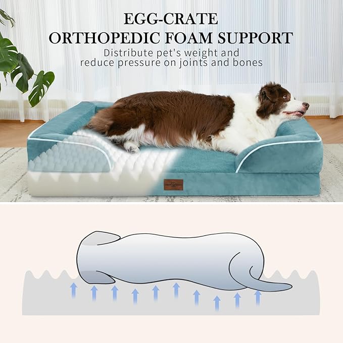 Orthopedic Foam XL Dog Beds Waterproof, Extra Large Dog Bed with Bolster, Washable Dog Bed Sofa Pet Bed with Removable Cover & Non-Slip Bottom(X-large,Washed Blue)