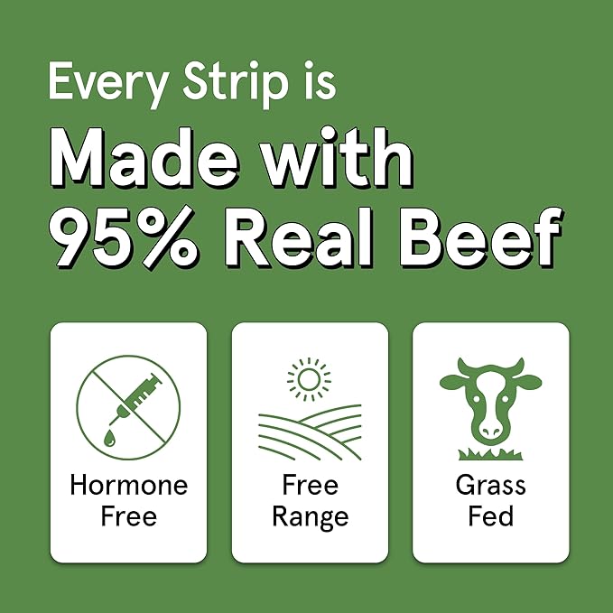 Real Meat Beef Jerky Dog Treats - 8 Air-Dried Strips of Jerky Treats for Dogs - Grain-Free Jerky Treats Dog Snacks Made up of 95% Human-Grade Free-Range Grass Fed Beef - All-Natural Dog Jerky Strips